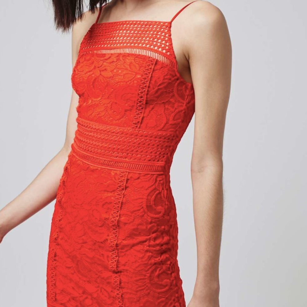 TOPSHOP Crochet Bodycon Red Lace Dress